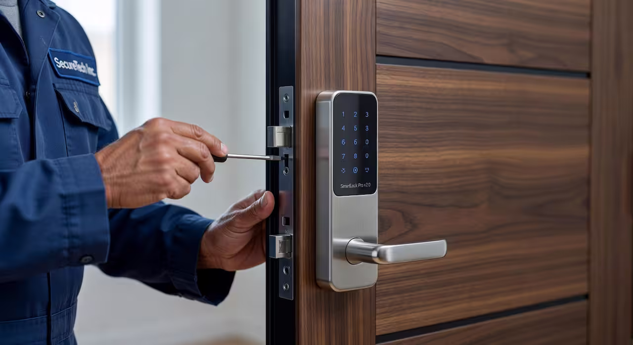 A modern smart lock being installed on a front door